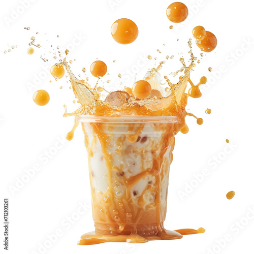 Caramel bubble milk tea In a ready-to-drink glass, bubble tea splashes, sweet, mellow and refreshing. Used to make drink menus in cafe. isolate on white .png