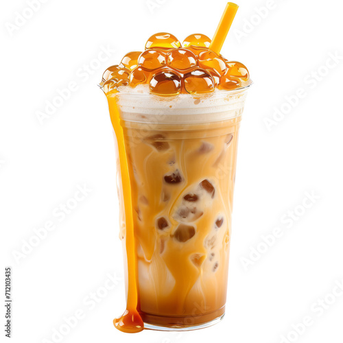 Caramel bubble milk tea In a ready-to-drink glass, bubble tea splashes, sweet, mellow and refreshing. Used to make drink menus in cafe. isolate on white .png
