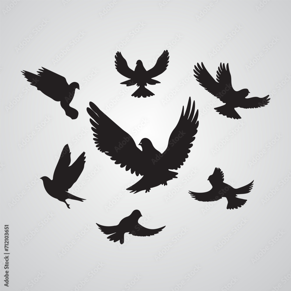 Obraz premium dove of peace A flock of birds (pigeons) go up. Black silhouette on a white background.Vector black white illustration Vector, isolated silhouette of bird set.vector set of silhouette birds, pigeons, 