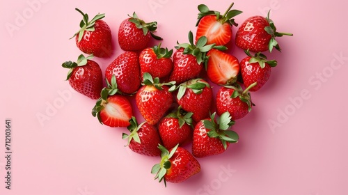 heart made of fresh ripe strawberries on a pink background