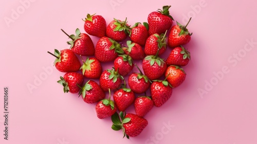 heart made of fresh ripe strawberries on a pink background