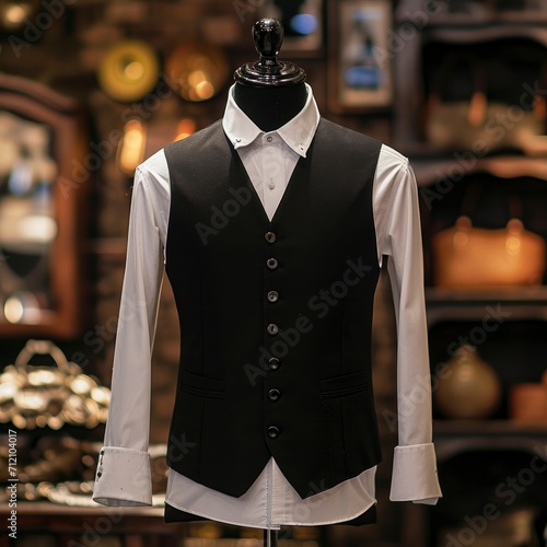 photo mannequin wearing black vest, white shirt