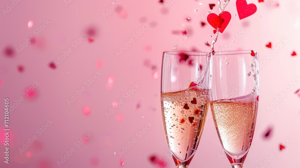 Two champagne glasses with splash of red heart shaped confetti over pink background. Two champagne glasses with splash of red heart shaped confetti over pink background.