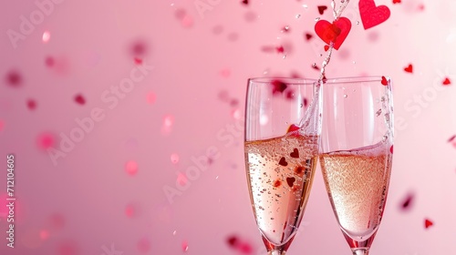 Two champagne glasses with splash of red heart shaped confetti over pink background.