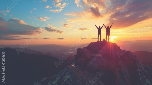 Two people silhouette with arms raised up on mountain top at sunset photo