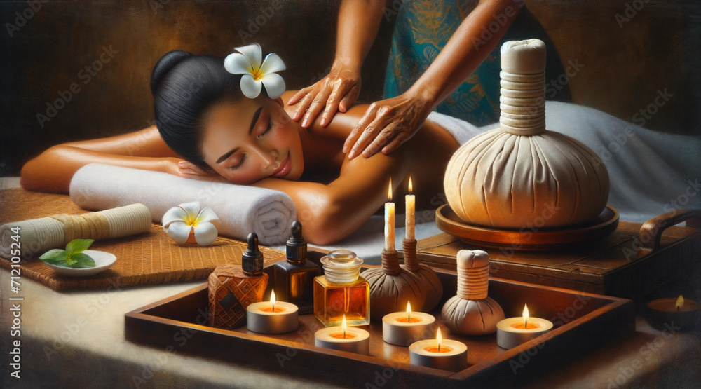 Tranquil Spa Experience with Woman Receiving Back Massage - obrazy, fototapety, plakaty 