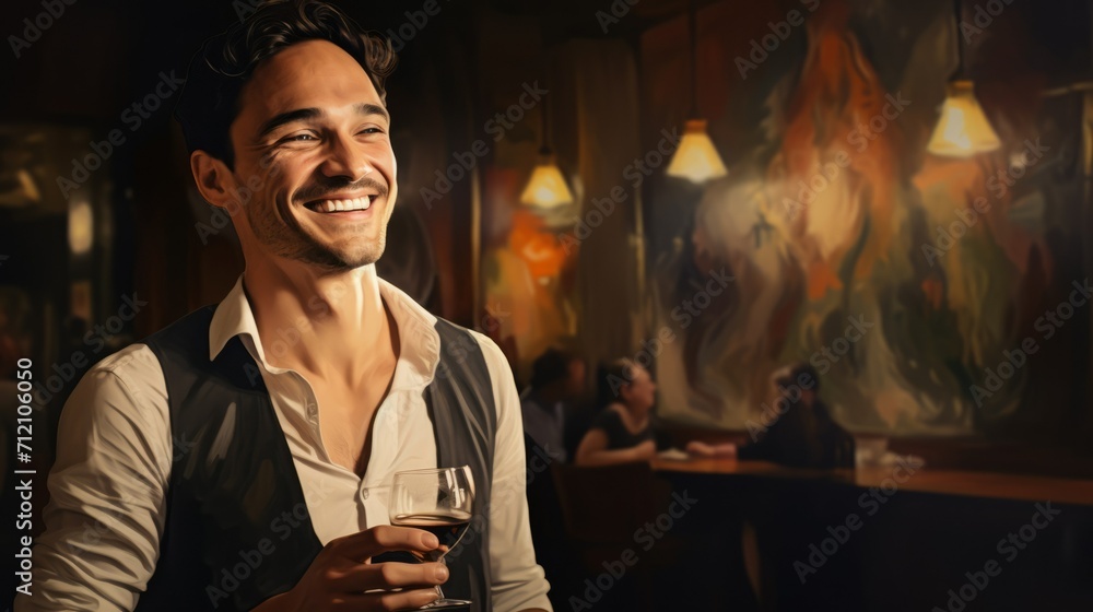 Close-up of a cheerful smiling man with a glass of wine in the museum.