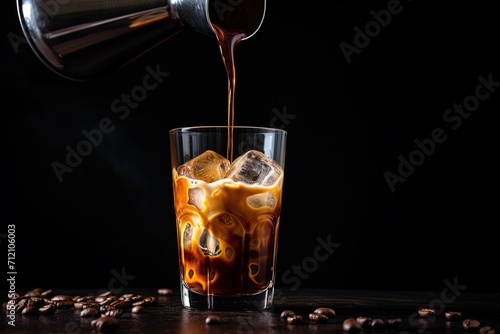 Add milk to glass containing cold brew coffee placed on black background