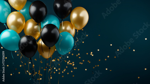 black and gold balloons with bright colors confetti on dark background