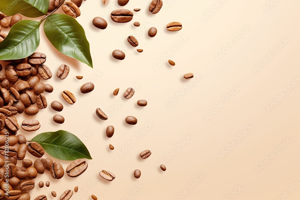 Beige background with flying coffee beans and leaves copy space included in a food mockup Beige background with flying coffee beans and leaves copy space included in a food mockup
