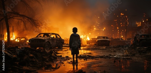 A lonely child standing in the destroyed street city with fire and burning car. World war background concept. photo
