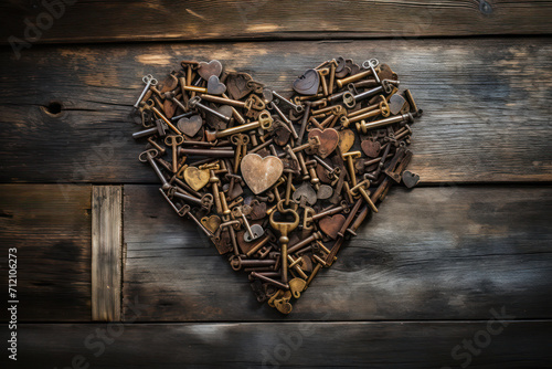 Heart shape formed from a pile of old, rustic keys on a vintage wooden table