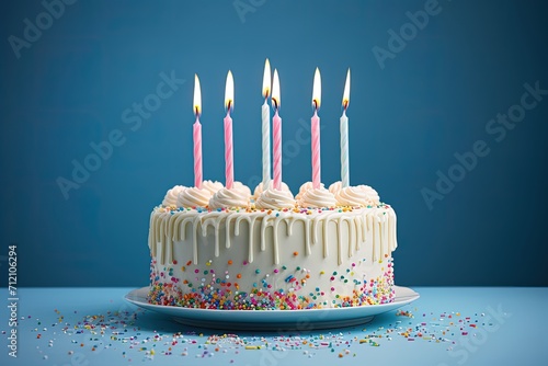 Birthday cake with stripes candles and sprinkles on blue background photo