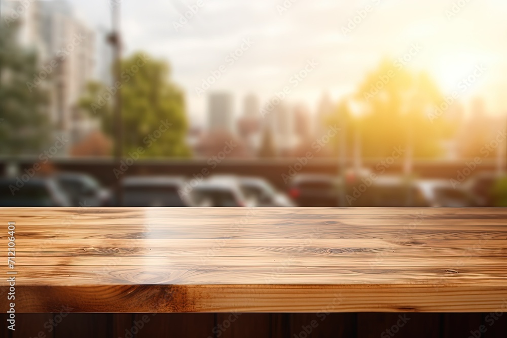 Blurred kitchen backdrop with wooden textured table surface