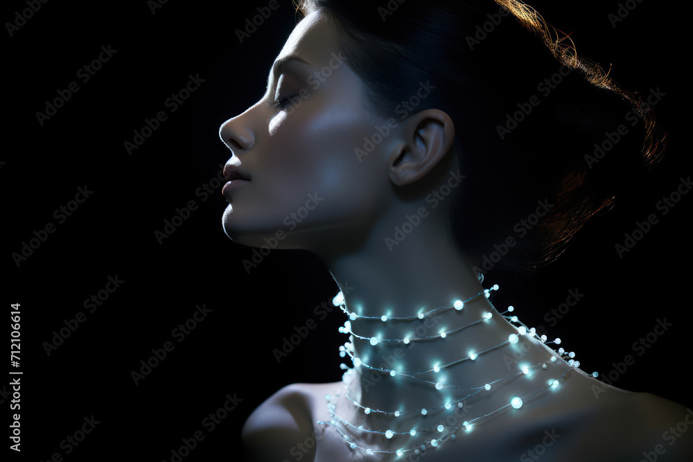 
Photograph capturing a woman’s neck with a delicate necklace made of tiny, luminescent moonstones