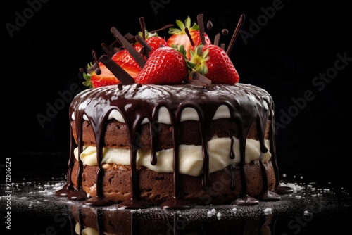 Chocolate drip cake on black background Layered milk black and white chocolate souffle with strawberry decorations Confectionery background ample area f photo