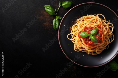 Classic Italian pasta with tomato sauce basil and cheese on black backdrop top down perspective with room for text
