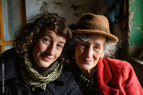 Young woman and her older mother wearing hats, sharing a moment indoors with a vintage backdrop