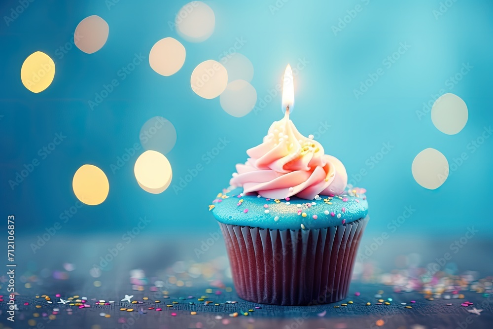 Color background with birthday cupcake and candles