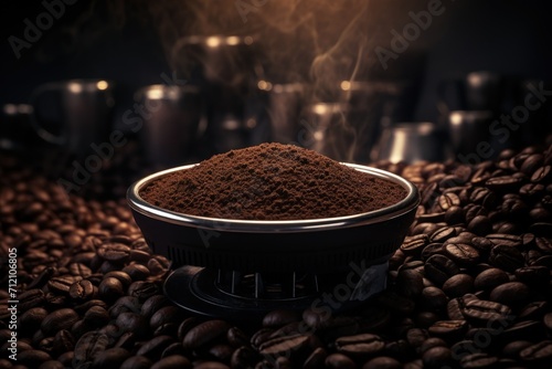 Coffee grounds tamped in portafilter basket with spilled beans amidst a dimly lit scene of natural light photo