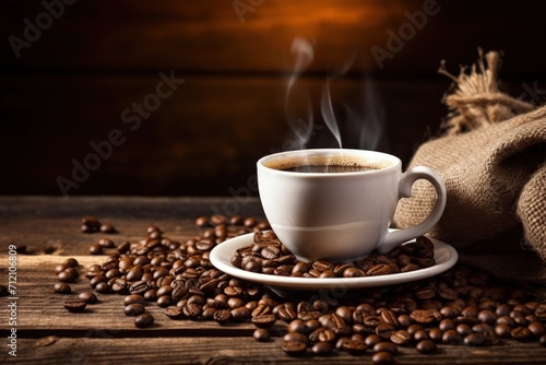 Coffee mug and coffee beans on wooden surface