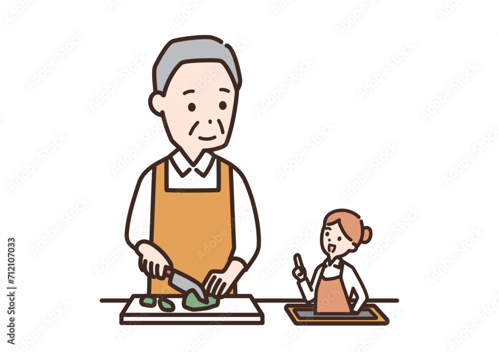 タブレットでレシピを見ながら料理をするシニア男性のイラスト