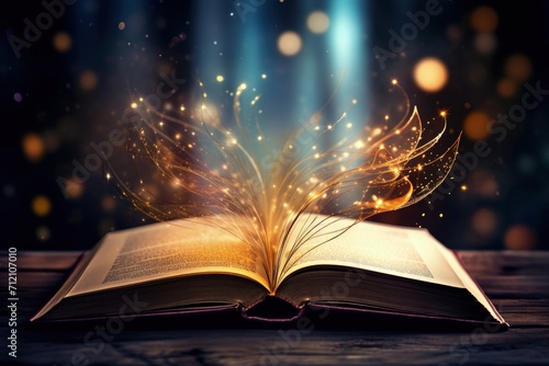 Dark background with open antique pages and glowing bokeh lights literature and education concept