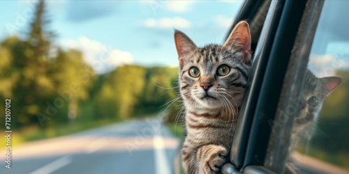 Cat happy with head out of the car window. Having fun on road trip, Summer holiday, Journey and freedom