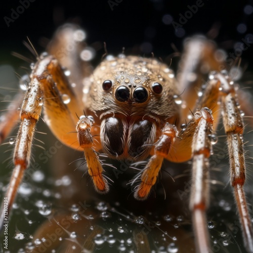 Close-up of a spider in rainy weather on wet ground with drops of water. Macro photos of insects. © liliyabatyrova