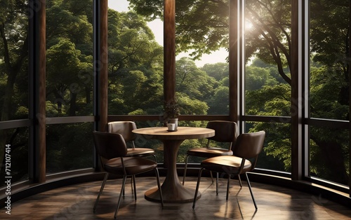 round table stands in the corner of the cafe with chairs and wood nearby and a panoramic window. generative ai © KBL Sungkid