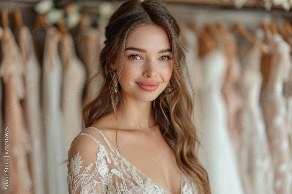 young woman trying on a wedding dress