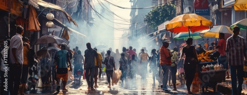 Busy market street scene in Southeast Asia with vibrant umbrellas. Daily life and culture. photo