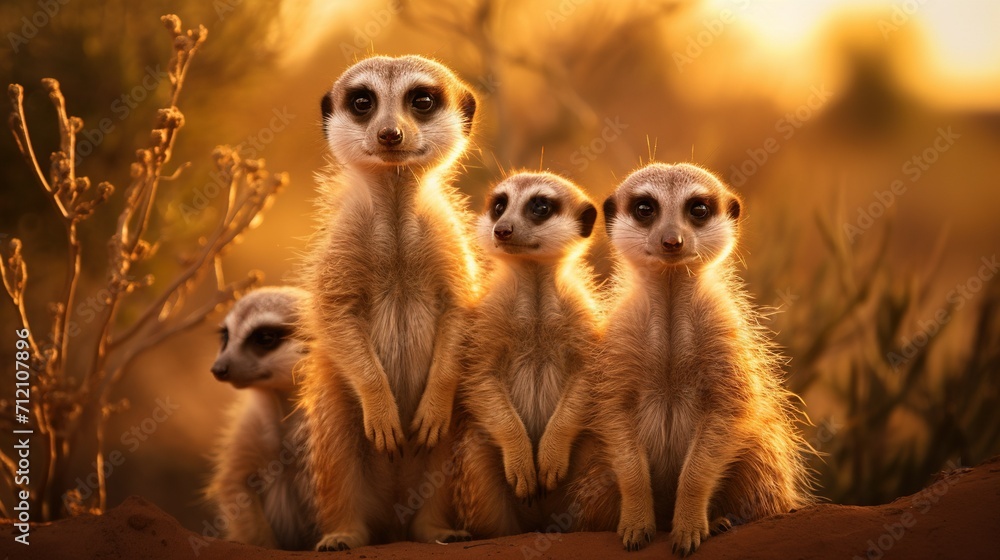 A curious meerkat family standing upright A curious meerkat family standing upright