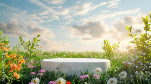 Fototapeta 3d render White podium product stand with natural colorful flowers and grass field on spring scene background for advertising banner, cosmetic, perfumed, fragrance, spring season, summer sunlight