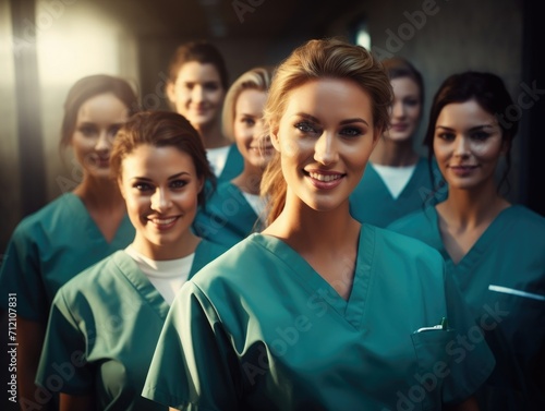 Group of nurses and doctors in uniform is smiling at the camera. Medical group team staff background concept.