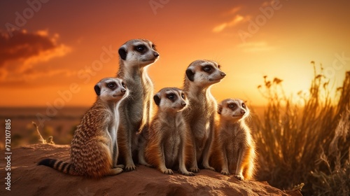 A curious meerkat family standing upright