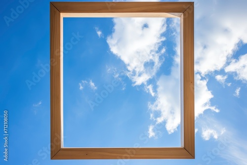 Heavens Portal  A Captivating Perspective Through a Wooden Frame Revealing an Endless Blue Sky