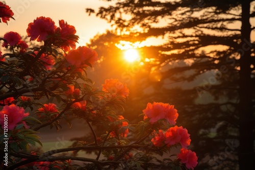 A Breathtaking Symphony of Colors  The Golden Sun Sets Behind a Garden of Blushing Pink Petals