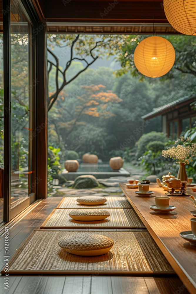 Fototapeta premium The peaceful harmony of a tea room with traditional tatami mats.