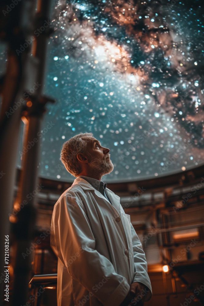 An astronomer in a white coat observing the night sky in an observatory.
