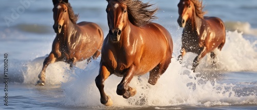 Graceful Symphony, A Majestic Herd of Horses Galloping Wildly Across the Crystal Waters © Andrii