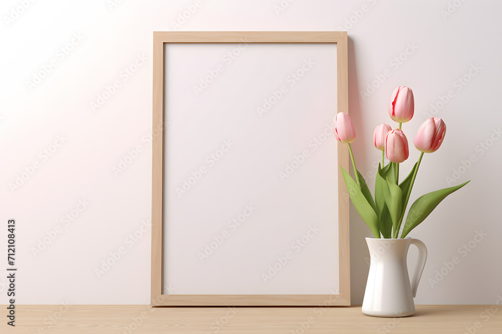 Poster mockup with wooden picture frame next to pink tulip spring flowers in vase in front of white wall. Poster mockup with wooden picture frame next to pink tulip spring flowers in vase in front of white wall.