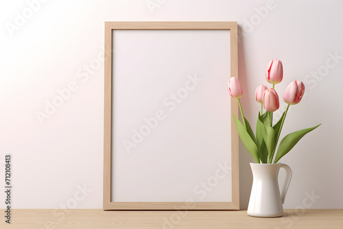 Poster mockup with wooden picture frame next to  pink tulip spring flowers in vase in front of white wall.