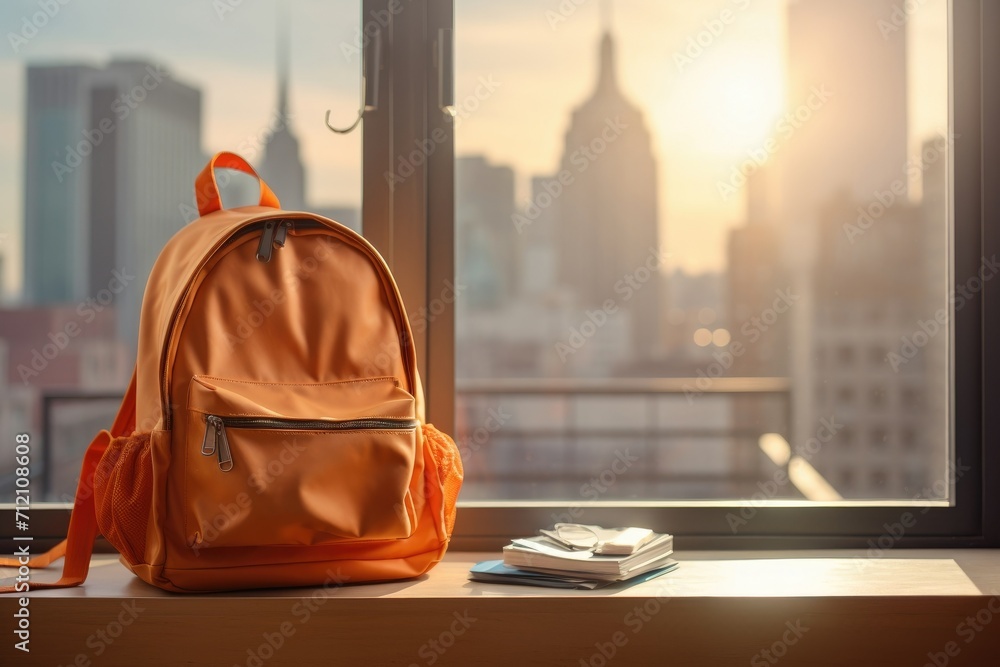 Yellow school bag with books and school stuff in the bokeh classroom background. Back to school concept background with copyspace, place for text.	 - obrazy, fototapety, plakaty 