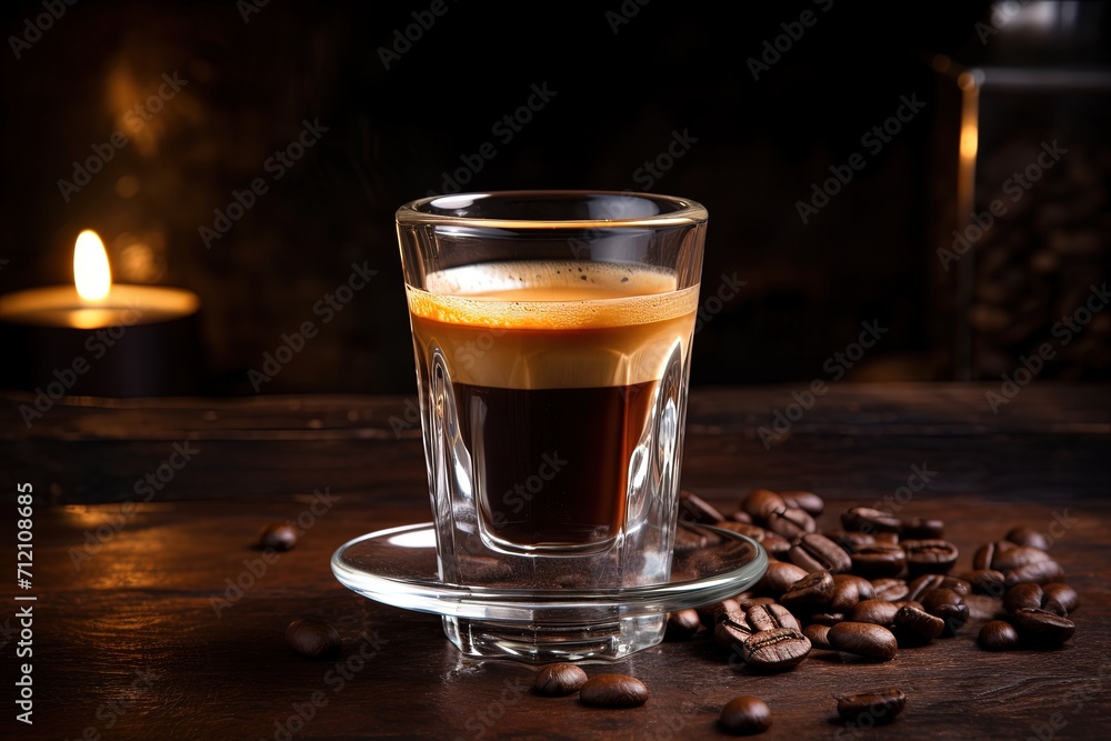 Espresso on wooden table in a glass Espresso on wooden table in a glass