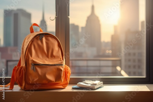 Yellow school bag with books and school stuff in the bokeh classroom background. Back to school concept background with copyspace, place for text.	 photo