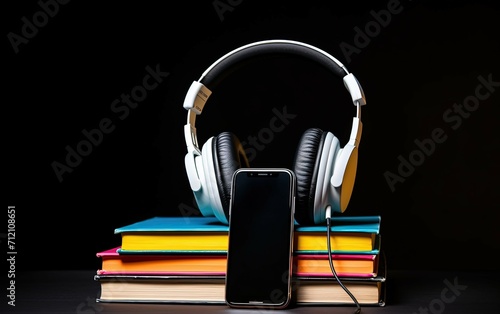 Ebook learning through audiobooks on smartphones portraying mobility and digital education on a black background with paper books and audiobook applicat photo