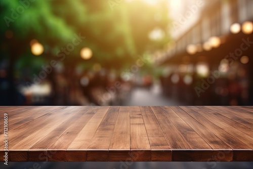 Empty wooden board on table in blurred background Brown wood perspective for display or product montage © VolumeThings