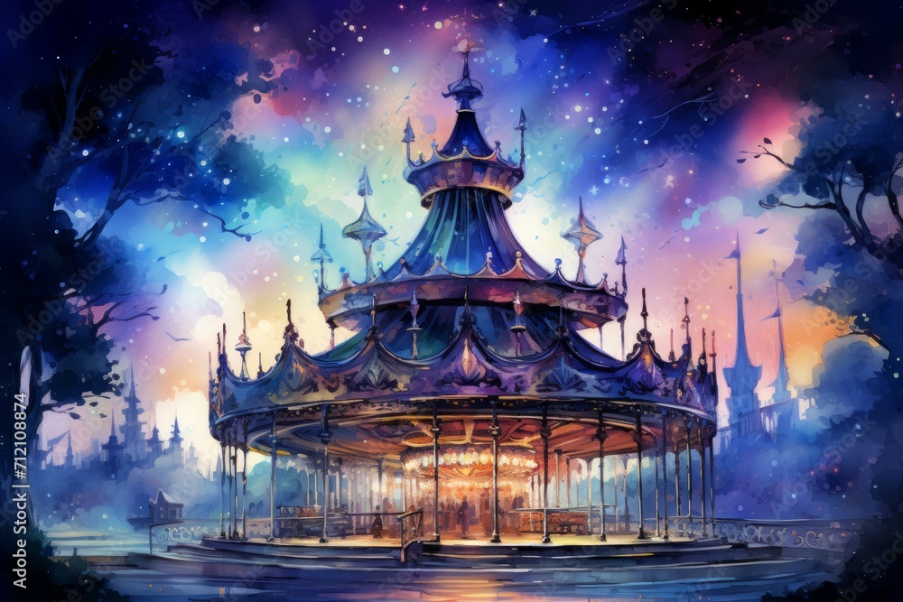 Fototapeta premium Whimsical starlight carousels, spinning through the cosmos and granting celestial rides - Generative AI