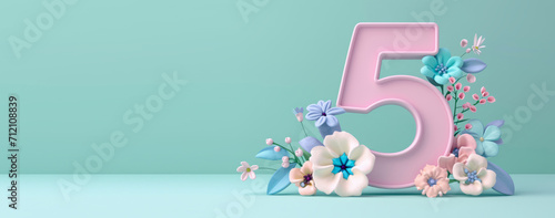 3D render number five with flowers. 5 years anniversary, Happy birthday 5 years old celebration photo